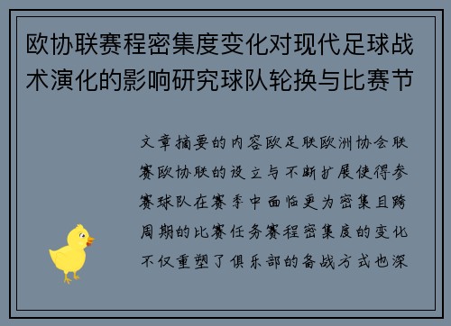 欧协联赛程密集度变化对现代足球战术演化的影响研究球队轮换与比赛节奏